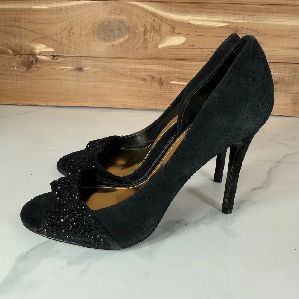 Coach Black Suede Rhinestone Peep Toe Pumps d'Orsay Stiletto Heels‎ Womens 6B